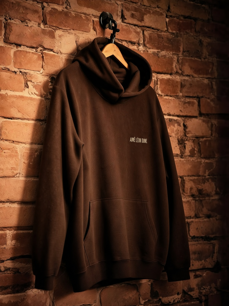 Premium branded hoodie with small chest logo hanging on a wooden hanger against a brick wall