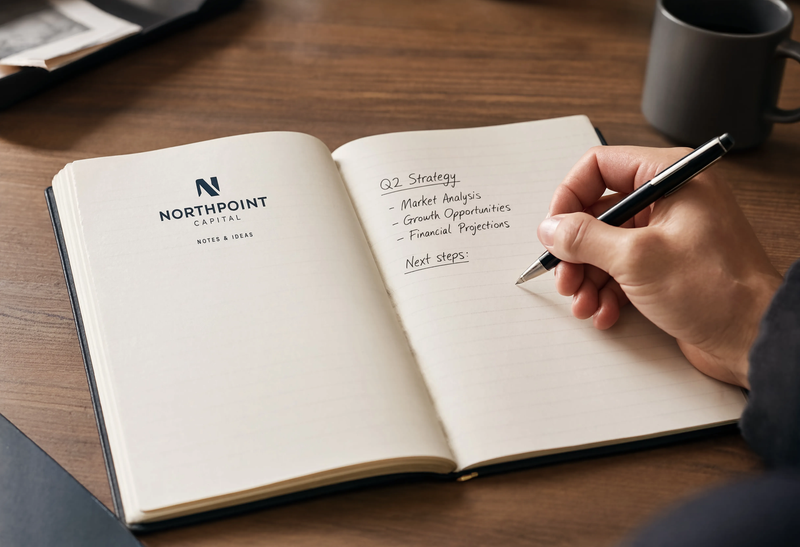 Hand writing notes in an open branded hardcover notebook on a wooden desk