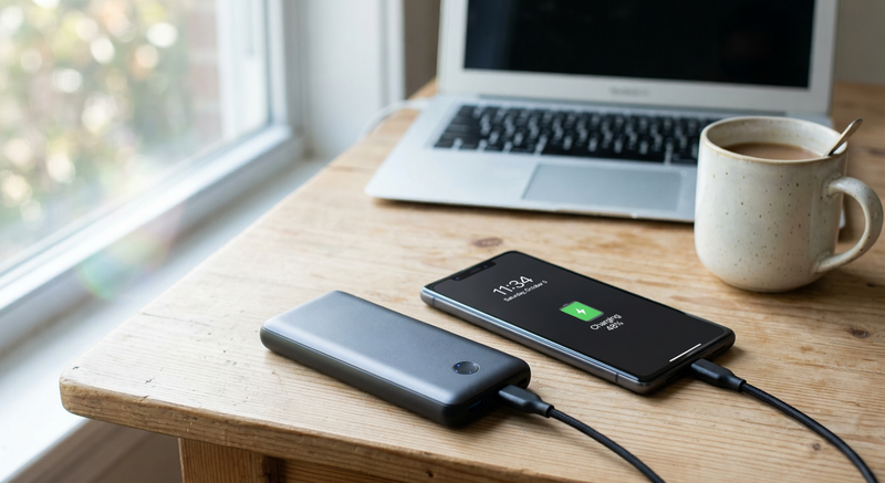 Power bank charging a smartphone on a wooden desk beside a laptop and coffee mug