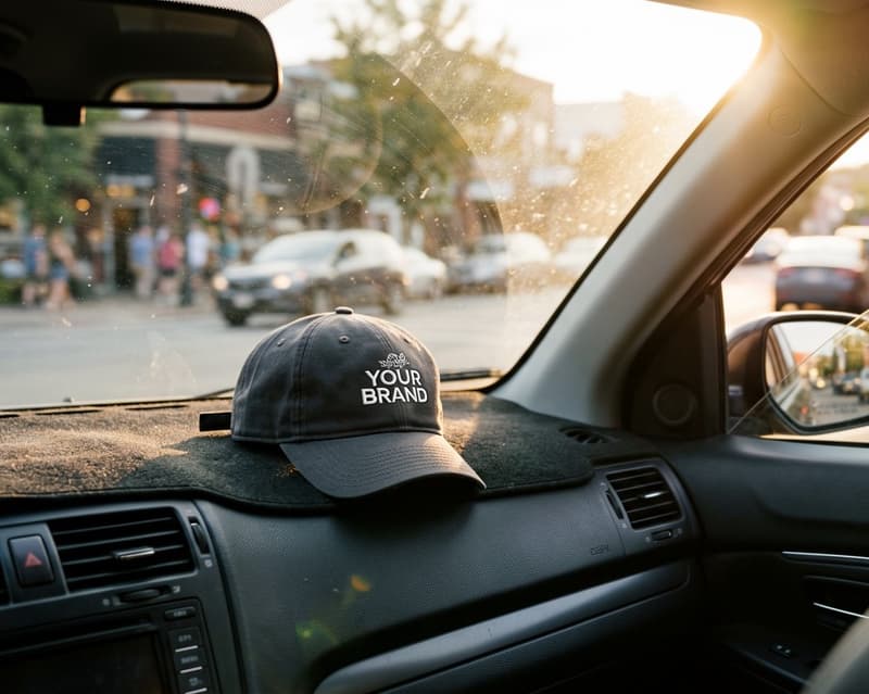 Branded cap with company logo resting on a car dashboard with street scene in background