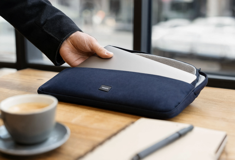 Hand inserting a laptop into a padded branded navy sleeve on a wooden cafe table beside a coffee
