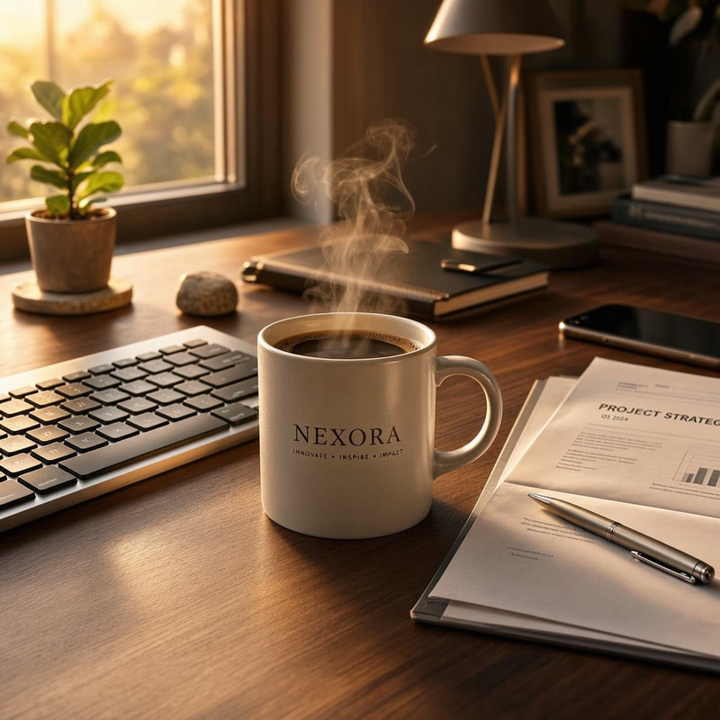 Branded ceramic mug with company logo steaming on a wooden office desk