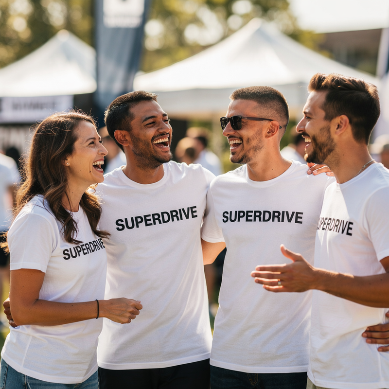Group of four colleagues laughing outdoors at an event wearing matching branded white t-shirts