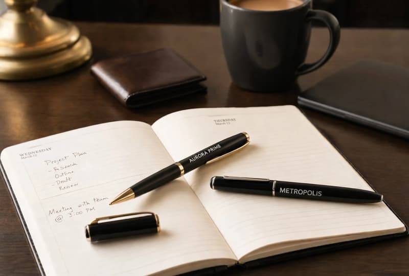 Two branded corporate pens with gold trim resting open on a planner notebook on a dark wooden desk
