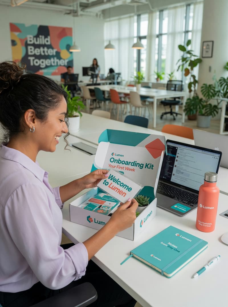 New employee smiling while opening a branded onboarding kit box at a modern office desk with notebook and water bottle nearby