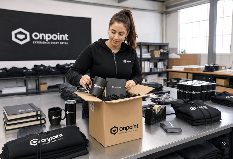 Employee packing branded corporate swag kits including mugs, notebooks and hoodies in a fulfilment facility