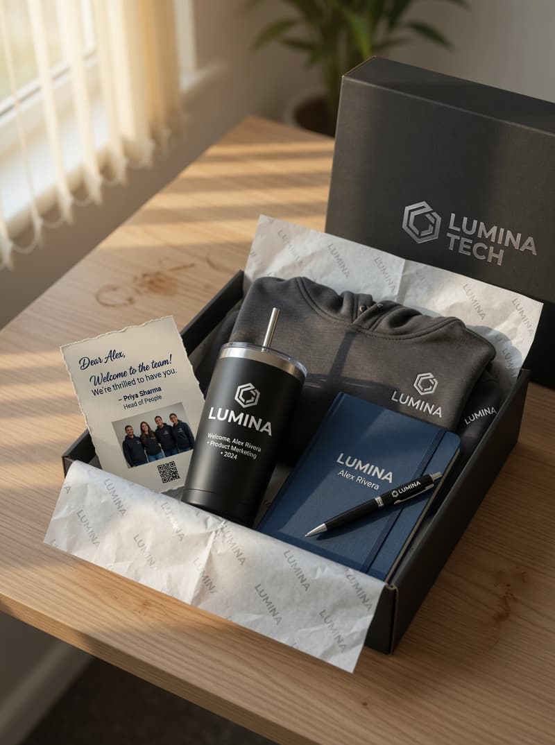 Personalised corporate welcome kit box open on a table showing branded tumbler, hoodie, notebook and welcome card