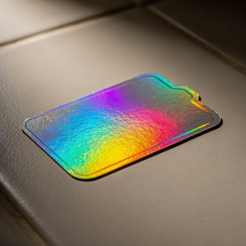 Single holographic die-cut sticker catching iridescent rainbow light on smooth warm grey ceramic tile close-up macro shot