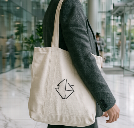 Person carrying a branded canvas tote bag with small embroidered logo outside a modern office building
