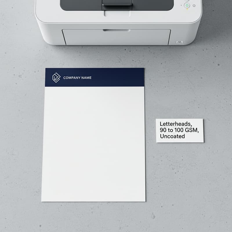Corporate letterhead on 90 to 100 GSM uncoated paper beside office laser printer with GSM label on grey concrete surface