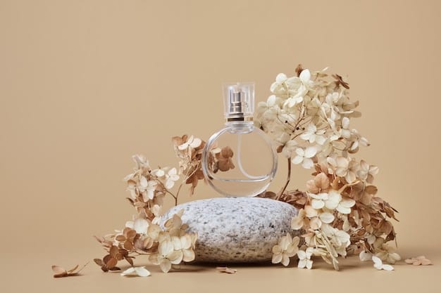Perfume bottle mockup on beige background pebble podium and dry  flowers natural earthy colors