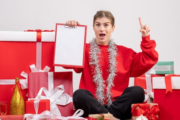 Woman sitting around christmas presents with note