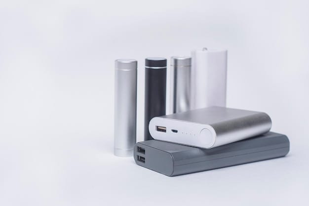 Set of portable chargers for charging gadgets Power Banks of different sizes on a white background