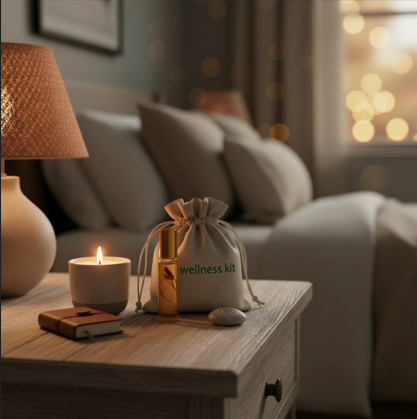 Branded corporate wellness kit on a side table beside a candle and lamp in a warm living room setting