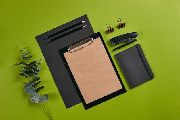 Top view in focus with different office equipment supplies stationery green background with copy spa