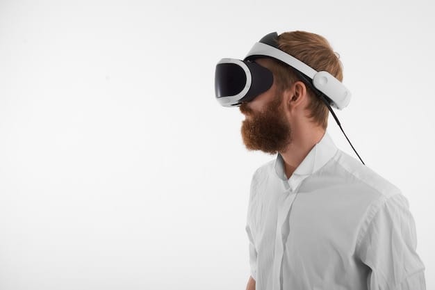 Visual reality and artificial intelligence concept. Profile shot of bearded red haired young man wearing vr headset