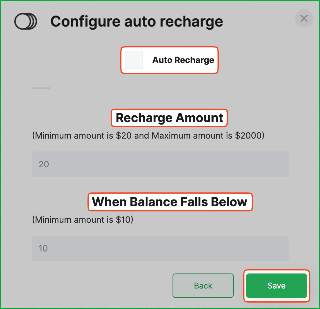 Auto recharge set up