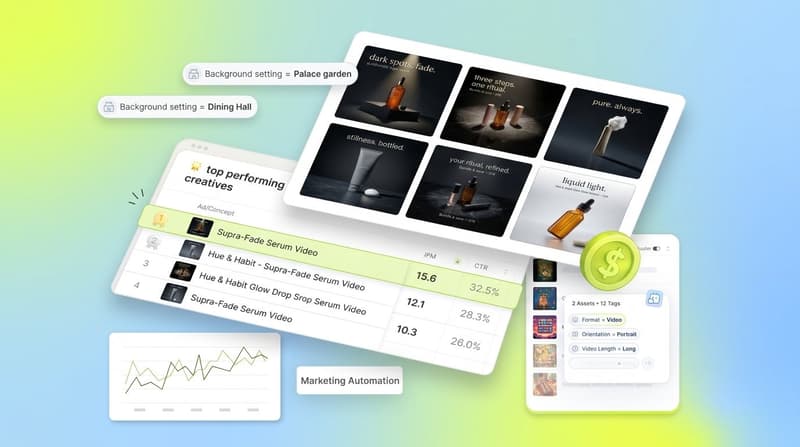 Segwise interface showing generated ad creatives, tag chips, and a top performing creatives table