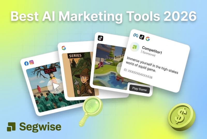 Fanned creative ad cards with platform badges and dollar coin accent for AI marketing tools 2026