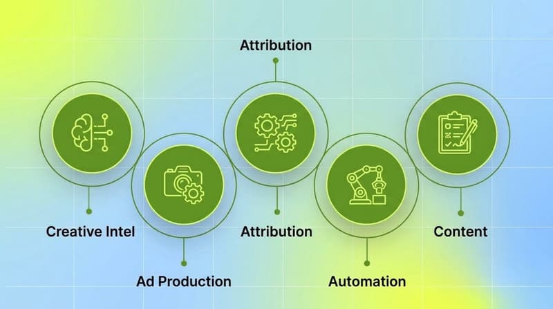 Cluster diagram showing five AI marketing stack categories including creative intel, ad production, attribution, automation, and content