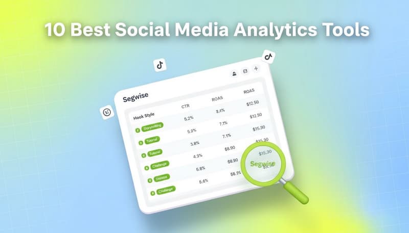 Segwise creative analytics dashboard with platform badges and magnifying glass accent showing 10 Best Social Media Analytics Tools