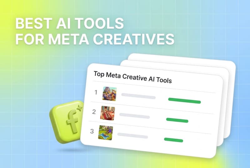 Layered leaderboard-style cards ranking AI tools for Meta ad creatives with green performance bars and a lime social-app badge accent