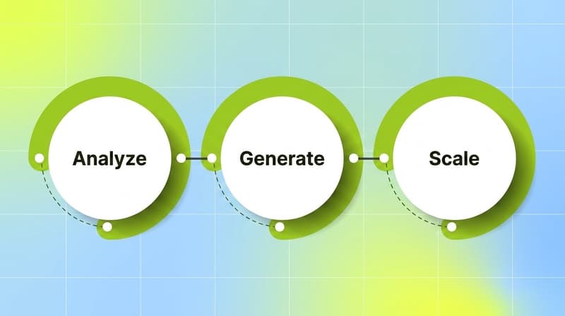 Three-ring process flow showing the Meta creative loop: analyze, generate, and scale