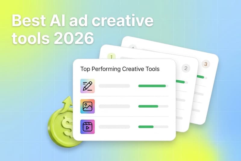 Layered leaderboard-style cards ranking AI ad creative tools with green performance bars and a lime dollar coin accent