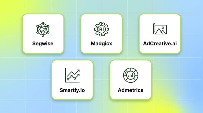 Feature grid comparing five AI ad optimizers for DTC brands including Segwise, Madgicx, AdCreative.ai, Smartly.io, and Admetrics