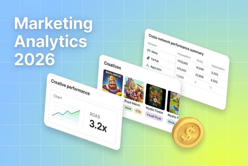 Layered dashboard cards showing creative performance, tagged creatives, and cross-network summary with a gold coin accent