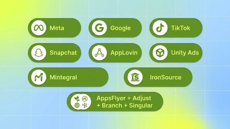 Grid of green pills showing Segwise integrations across nine ad networks and four mobile measurement partners