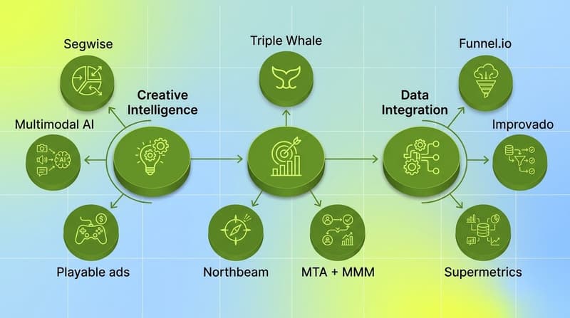 Network diagram grouping marketing analytics tools by layer: creative intelligence, attribution, and data integration