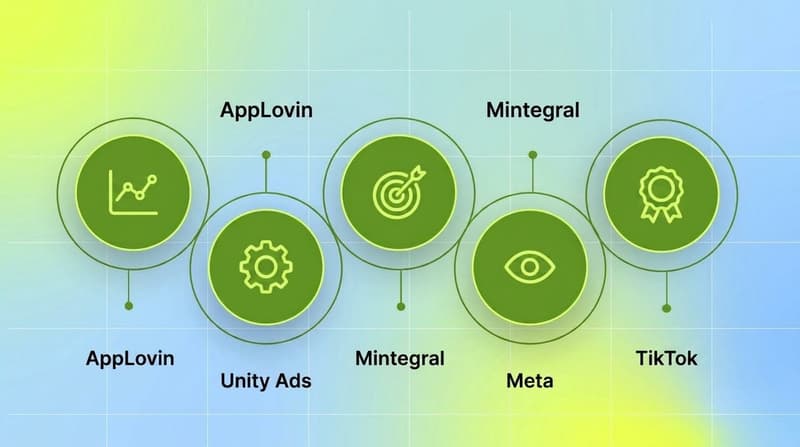 Cluster diagram showing five connected ad networks AppLovin, Unity Ads, Mintegral, Meta, and TikTok