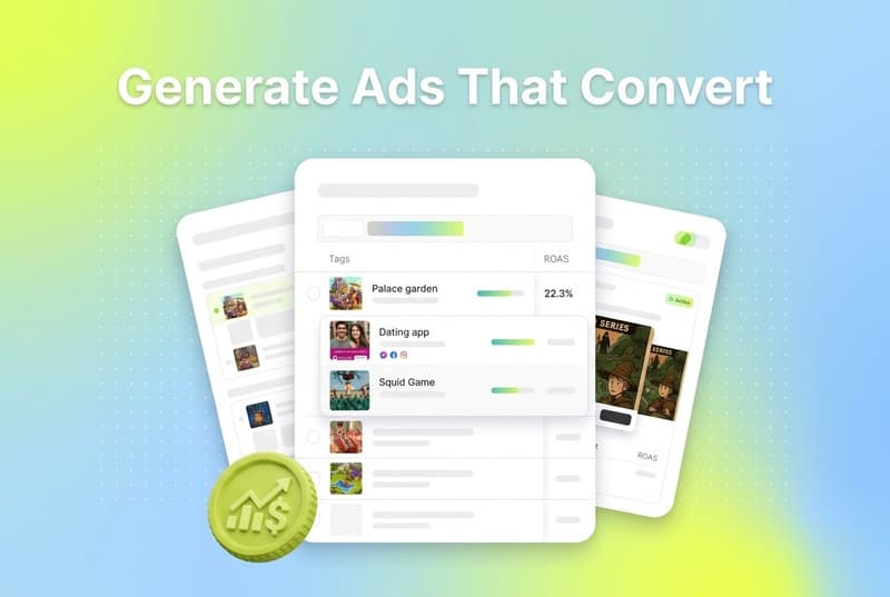 Layered cards showing a Segwise creative dashboard with tagged ad creatives and ROAS, headline Generate Ads That Convert