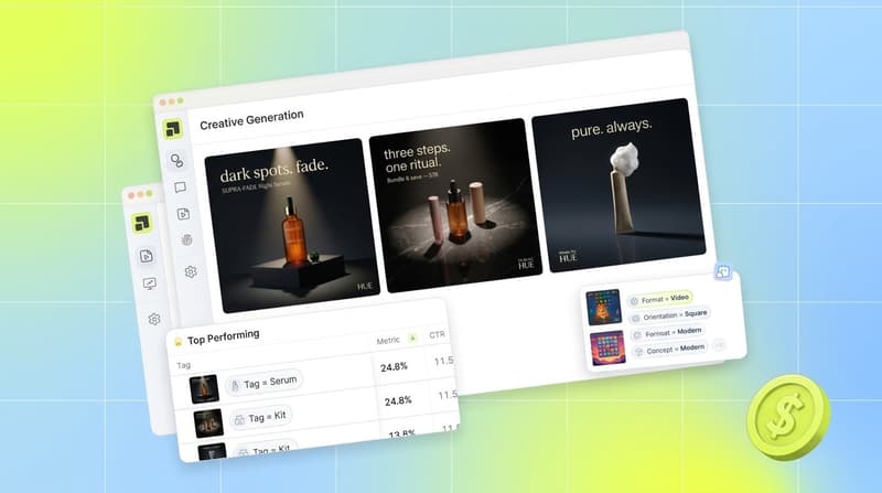 Segwise interface showing generated ad creatives, tag chips, and a top-performing creative table