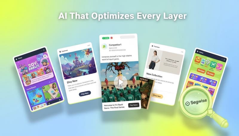 Fan of ad creative cards with magnifying glass accent - cover image for AI programmatic advertising tools guide