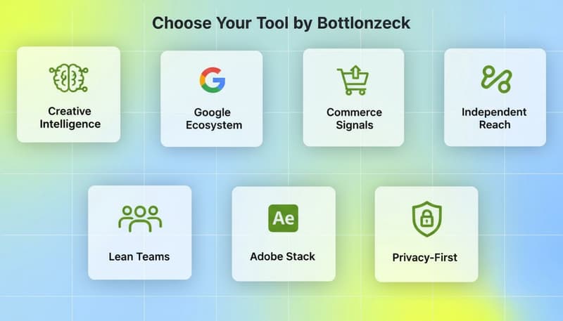Feature grid showing 7 decision criteria: Creative Intelligence, Google Ecosystem, Commerce Signals, Independent Reach, Lean Teams, Adobe Stack, Privacy-First
