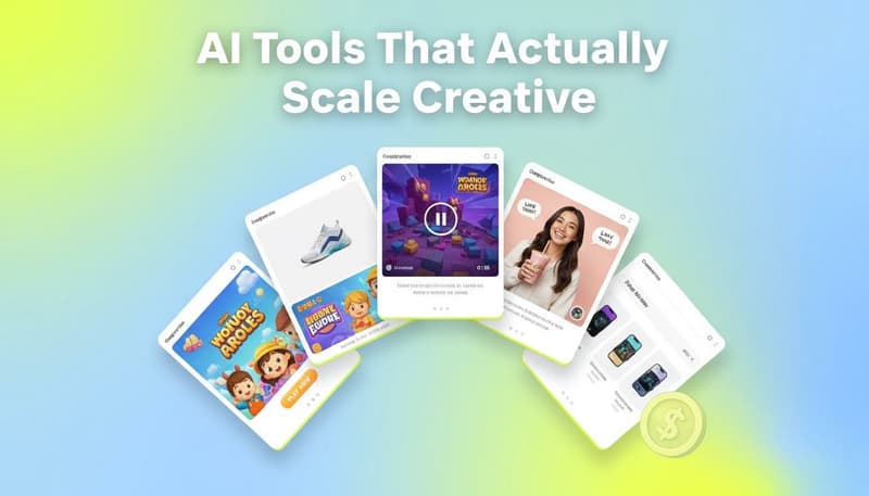 Fan of five ad creative cards spread in a cascade with a 3D dollar coin, Segwise branded cover