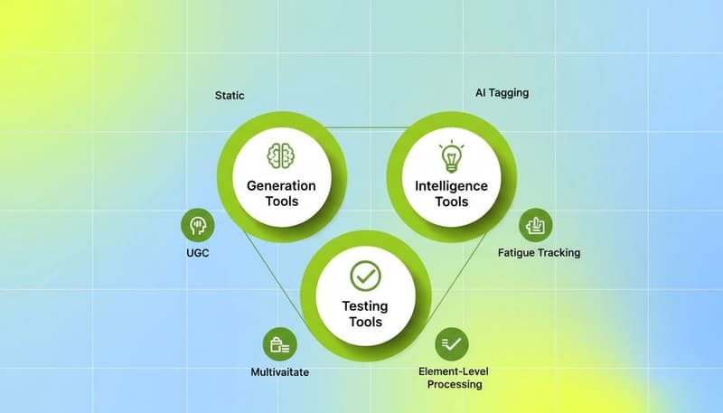 Feature grid showing four categories of automated ad creation tools with icons and labels for each type
