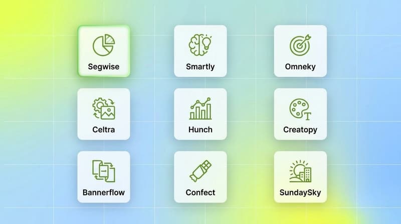 Three by three grid of white cards labelled with the nine creative automation tools, Segwise highlighted