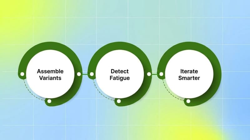 Three-step DCO feedback loop showing assemble variants, detect fatigue, iterate smarter