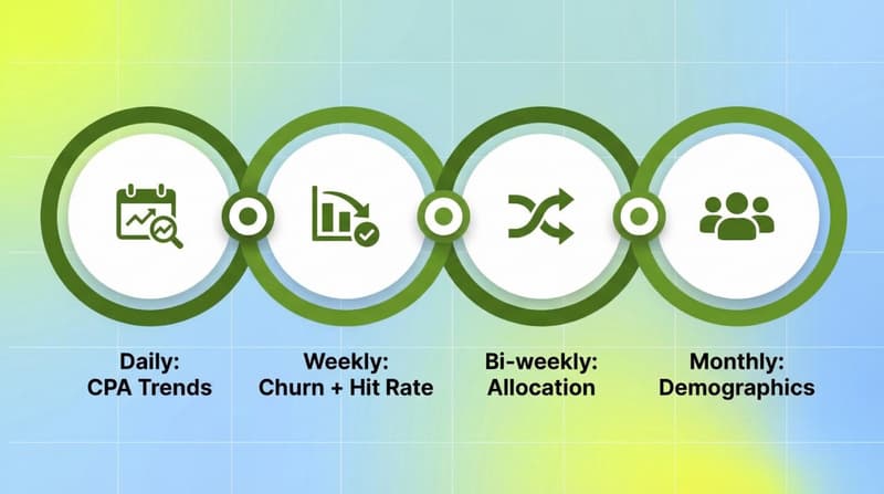 Process flow interlock diagram showing four diagnostic review cadences: Daily CPA Trends, Weekly Churn and Hit Rate, Bi-weekly Allocation, and Monthly Demographics