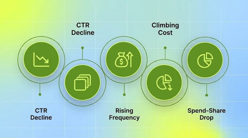 Four early-warning fatigue signals shown as a cluster: declining CTR, rising frequency, climbing cost, and spend-share drop