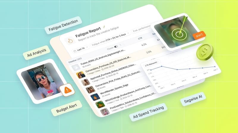 Segwise fatigue report interface showing creative-level performance decline, spend-share, and alert chips