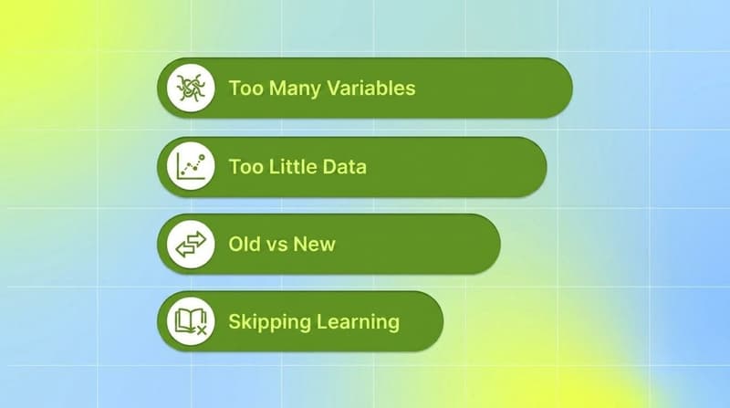 Four common ad creative testing mistakes: too many variables, too little data, old vs new, skipping the learning phase