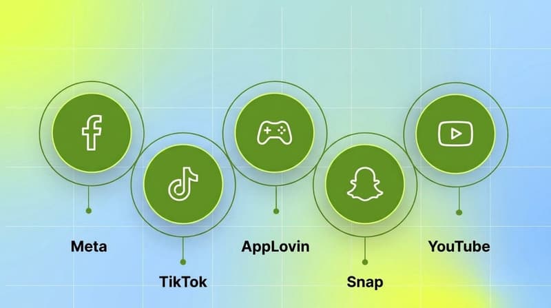Cluster of five ad channels with format-quirk icons: Meta, TikTok, AppLovin, Snap, YouTube.