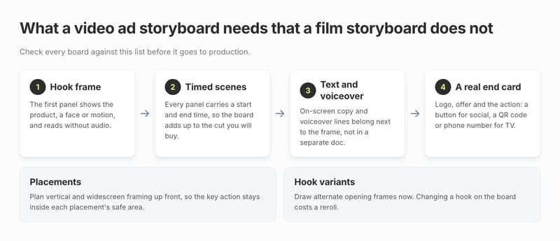 Checklist diagram of what a video ad storyboard needs: hook frame, timed scenes, text and voiceover, a real end card, placements and hook variants