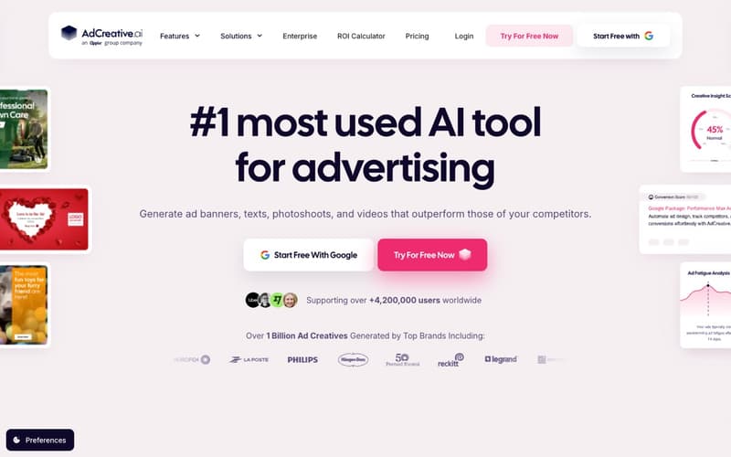 AdCreative.ai homepage showing AI generation of ad banners, texts, photoshoots and videos