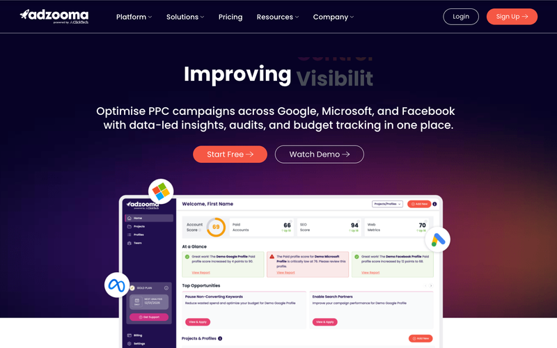 Adzooma homepage, screenshot taken September 2026