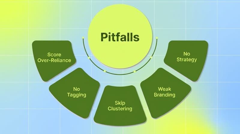 Radial petal graphic showing five common pitfalls including score over-reliance, no tagging, and weak branding